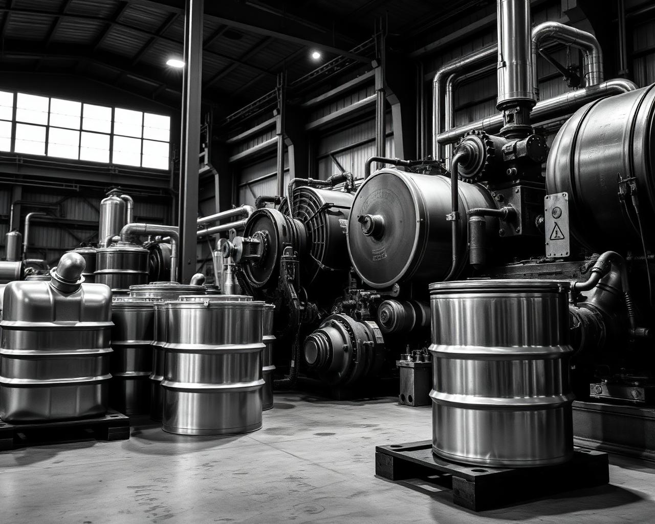 Industrial oil drums and machinery in a warehouse